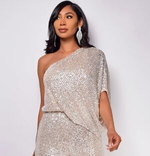 Emprada Rebecca Champagne One Shoulder Sequin Jumpsuit